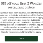 Screenshot showing Wonder offer details for $15 off the first two restaurant orders for new customers