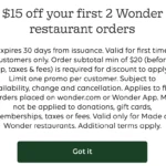Screenshot showing Wonder offer details for $15 off the first two restaurant orders for new customers