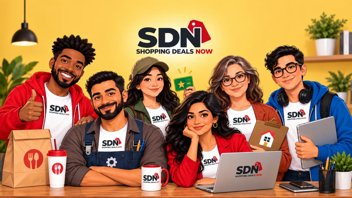 Shopping Deals Now crew representing coupons, food delivery, cashback, tech, software, and home savings